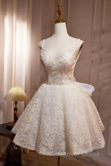 Light Champagne V-Neck Lace Short Prom Dresses, A-Line Spaghetti Straps Backless Party Dresses With Bow