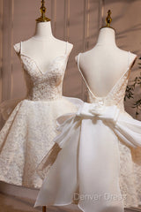 Light Champagne V-Neck Lace Short Prom Dresses, A-Line Spaghetti Straps Backless Party Dresses With Bow