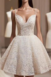 Light Champagne V-Neck Lace Short Prom Dresses, A-Line Spaghetti Straps Backless Party Dresses With Bow