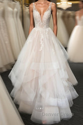 Light champagne v neck tulle lace long prom Dresses, wedding Dresses