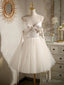 Light Champagne V neck Tulle Short Prom Dress, Tulle Puffy Homecoming Dresses