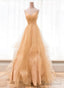 Light Champagne V Neckline Layers Straps Shiny Tulle Prom Dress, Champagne Prom Gowns Prom Dresses