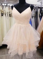Light Champagne V-neckline Straps Homecoming Dress, Tulle Short prom Dress Graduation Dress