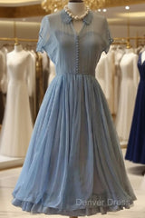 Light Dresses, Chiffon Elegant A Line Doll Collar Short Sleeves Homecoming Blue Chiffon Vintage Style Dresses