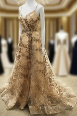 Light Gold Sequin Pattern Prom Dresses V Neck Split