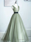 Light Green A-Line Tulle V-Neckline Long Formal Dress, A-Line Floor Length Prom Dress