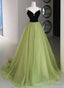 Light Green and Black Beaded Straps Long Prom Dress, Green Tulle Prom Dress