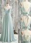 Light Green Chiffon with Lace Bridesmaid Dress, A Line Long Prom Dresses