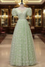 Light Green Floral V Neckline Short Sleeves Prom Dress, A Line Green Prom Dresses