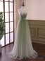 Light Green Gradient Tulle Long Prom Dress, Green Beaded Sweetheart Prom Dresses
