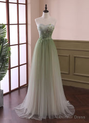 Light Green Gradient Tulle Long Formal Dress, Green Beaded Sweetheart Prom Dresses