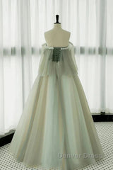 Light Green Off Shoulder Tulle Long Prom Dresses A-Line Green Party Dresses