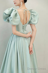 Light Green Satin Long A-Line Prom Dress, Cute Short Sleeve Evening Dress