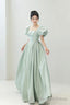 Light Green Satin Long A-Line Prom Dress, Cute Short Sleeve Evening Dress