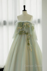 Light Green Scoop Off Shoulder A-Line Tulle Prom Dresses, Light Green Evening Dresses