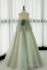 Light Green Scoop Off Shoulder A-Line Tulle Prom Dresses, Light Green Evening Dresses