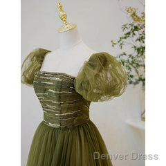 Light Green Short Sleeves Tulle Sequins Long Junior Prom Dress, Green Party Dresses