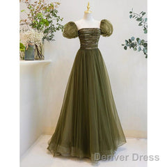 Light Green Short Sleeves Tulle Sequins Long Junior Prom Dress, Green Party Dresses