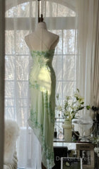 Light Green Simple Bodycon Dress One Shoulder Chiffon Applique Beaded Prom Dress