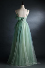 Light Green Straps Tulle Floor Length A-Line Prom Dresses, Tulle Scoop Party Dresses Formal Dresses
