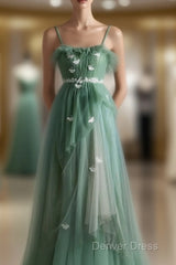 Light Green Straps Tulle Floor Length A-Line Prom Dresses, Tulle Scoop Party Dresses Formal Dresses