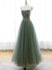 Light Green Sweetheart A-Line Prom Dresses, Green Long Party Dresses With Lace Applique