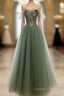 Light Green Sweetheart A-Line Prom Dresses, Green Long Party Dresses With Lace Applique