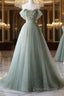 Light Green Sweetheart Beaded And Flowers Prom Dress, Tulle Green Prom Dresses