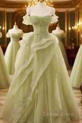 Light Green Sweetheart Beaded Off Shoulder Party Dresses, Light Green Tulle Prom Dresses