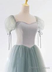 Light Green Tulle And Satin Beaded Long Prom Dress, A-Line Tulle Formal Dress
