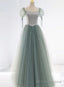 Light Green Tulle And Satin Beaded Long Prom Dress, A-Line Tulle Formal Dress