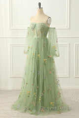 Light Green Tulle Floral Sleeves Long Party Dresses, A-Line Light Green Prom Dresses