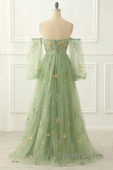 Light Green Tulle Floral Sleeves Long Party Dresses, A-Line Light Green Prom Dresses