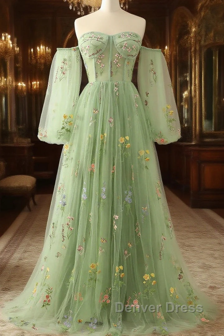 Light Green Tulle Floral Sleeves Long Party Dresses, A-Line Light Gree