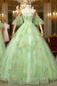 Light Green Tulle Floral Straps Long Formal Dresses, Light Green Prom Dresses