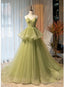 Light Green Tulle Layers Ball Gowns Wedding Prom Dress, Long Prom Dress