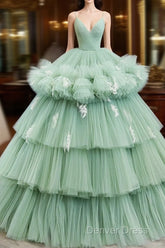 Light Green Tulle Layers Low Back Prom Dresses, Light Green Sweet 16 Dresses