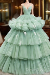 Light Green Tulle Layers Low Back Prom Dresses, Light Green Sweet 16 Dresses