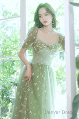 Light Green Tulle Long Formal Gown Party Dresses, Green Evening Prom Dresses