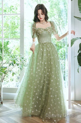 Light Green Tulle Long Formal Gown Party Dresses, Green Evening Prom Dresses