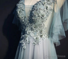 Light Green Tulle Long Party Dress, Green Lace Low Back Prom Dress Evening Dress