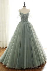 LIGHT GREEN TULLE LONG PROM DRESS, GREEN EVENING DRESS