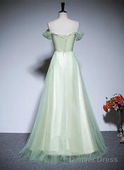 Light Green Tulle Off Shoulder A-Line Prom Dress, Light Green Flowers Long Evening Dress