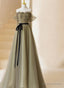 Light Green Tulle Off Shoulder with Flowers A Line Prom Dresses, Green Prom Gown