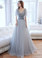 Light Grey A-Line Tulle Long Evening Dress Prom Dress, V-Neckline Party Dress
