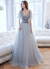 Light Grey A-Line Tulle Long Evening Dress Prom Dress, V-Neckline Party Dress