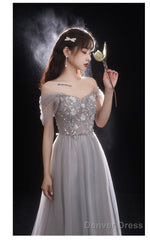 Light Grey Beaded Off Shoulder Tulle A-Line Junior Prom Dress, Grey Long Evening Dress