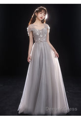Light Grey Beaded Off Shoulder Tulle A-Line Junior Prom Dress, Grey Long Evening Dress