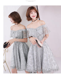 Light Grey Lace High Low Off Shoulder Homecoming Dress, Sliver-Grey Short Prom Dresses