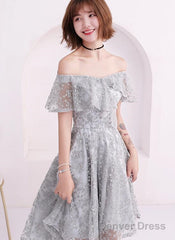 Light Grey Lace High Low Off Shoulder Homecoming Dress, Sliver-Grey Short Prom Dresses